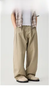 Full model display of khaki wide-leg cargo pants with pleated details and relaxed fit
