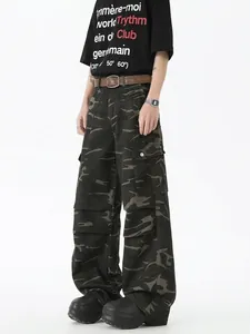 Pantalon Cargo Camouflage Rétro Américain pour Hommes Ample Droit Jambe Large Multi-Poches Mélange Coton Casual Streetwear
