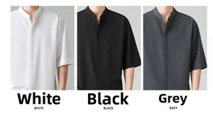 Three-color comparison of men's stand collar short sleeve shirts in white black and grey