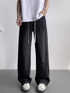 Men's black Lyocell straight leg jeans with white drawstring and side seam details
