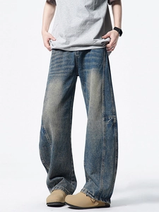 Jean large pour homme style rétro américain, bleu vieilli avec coutures patchwork chic
