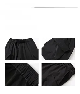Detailed views of black cargo pants showing tactical buckle belt and waterproof zip pockets