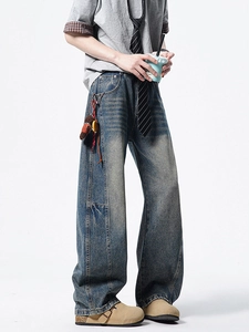 Pantalon en jean large rétro pour homme avec délavage vintage et détails patchwork