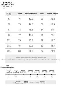Size chart for men's mandarin collar shirt with detailed measurements and fit guide