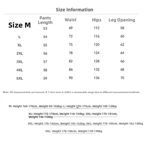Detailed size chart for cargo shorts from M to 5XL with measurements and size suggestions