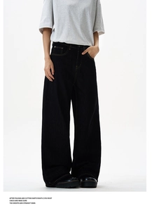 Macro view of high-waist denim wide-leg pants with contrast stitching and deep indigo tone