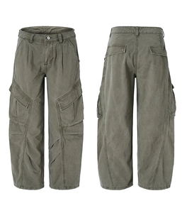 Detailed front and back views of army green wide-leg cargo pants in durable twill cotton