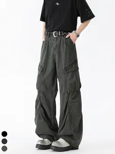 Men's High Street Cargo Pants Vintage Washed Cotton Wide Leg Multi Pocket Loose Casual Streetwear Trousers For Men