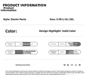 Size chart and fabric details for vintage washed curved-cut loose jeans for men and women