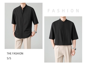 Detail view of black mandarin collar shirt with quick-dry fabric and modern minimalist design