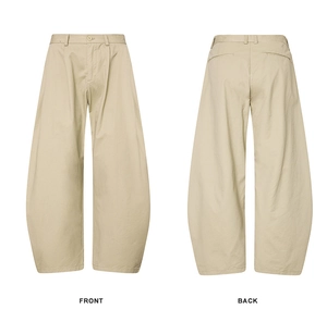 Front and back views of khaki wide-leg balloon pants with pleated curved leg design