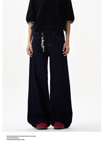 Close-up of deep blue high-waisted wide-leg denim jeans with clean stitching and belt loops
