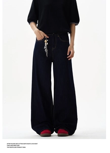 Detail view of deep blue wide-leg denim jeans with high waist and five-pocket design