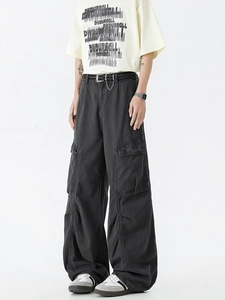Vintage dark grey wide-leg cargo pants for men with multi-pocket and pleated detail