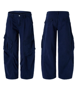 Detailed front and back view of dark blue cargo pants with functional side pockets