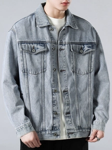 Men's retro light blue washed denim jacket in a relaxed loose fit with front metal buttons