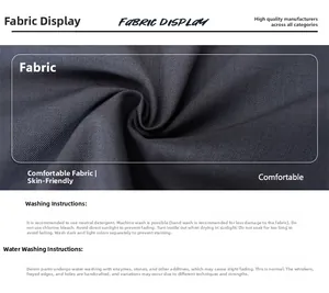 Detailed view of dark grey twill fabric with comprehensive washing and care instructions