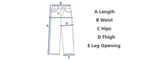Size guide for retro camouflage cargo pants showing length, waist and hip measurements