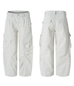 Detailed front and back view of beige wide-leg cargo pants with multi-pocket design