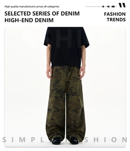 Detailed macro view of heavy camouflage canvas fabric and loose wide-leg hem of cargo pants