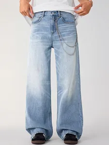 Men's Vintage Washed Light Blue Straight Leg Jeans Distressed Denim Pants With Metal Chain Streetwear Casual Fashion Trousers