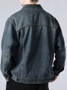 Men's retro dark blue washed denim jacket with vintage high street loose fit style back view