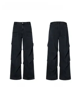 Detailed front and back view of vintage black wide-leg denim cargo pants with pleated knees
