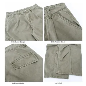 Detailed views of washed cargo pants showing waist buttons, pockets, and stitching texture