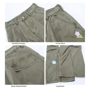 Vues détaillées du pantalon cargo olive avec broderies florales 3D et boutons métalliques