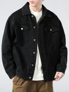 Vintage washed black denim jacket for men with classic lapel and breast pockets