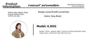 Detailed size chart for baggy curved fit trousers showing fabric specs and model fit info