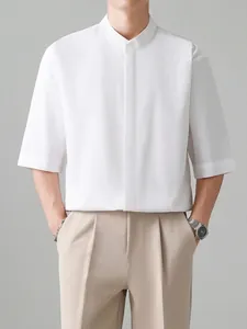 Men's Minimalist Stand Collar Short Sleeve Shirt Linen Blend Loose Fit Solid Color Casual Hidden Placket Button Down Top