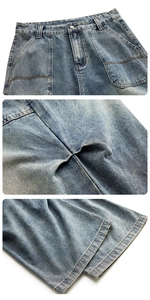 Detail view of washed blue denim cargo pants showing metal button and pocket stitching