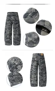 Detailed macro view of curved fit camouflage cargo pants featuring YKK zipper and multi-pockets