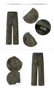 Detailed views of camo cargo pants featuring a YKK metal zipper and durable fabric panels