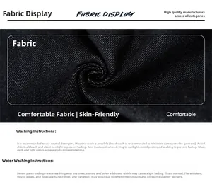 Vue macro de la texture du denim foncé avec instructions de lavage et d'entretien