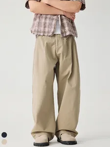 Men's High Street Vintage 100% Cotton Workwear Pants Wide Leg Pleated Curved Silhouette Casual Khaki Navy Streetwear Trousers