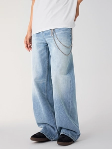 Men's light blue vintage wash straight wide-leg jeans with decorative metal waist chains