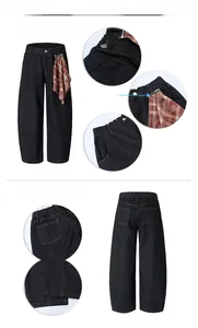 Pantalon large en denim indigo avec coupe incurvée et détail à carreaux amovible