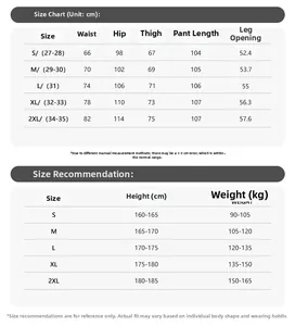 Detailed size guide table for men's camouflage cargo pants showing measurements in cm