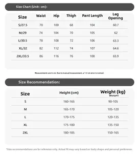 Detailed size chart for camouflage wide-leg cargo pants including waist and hip dimensions