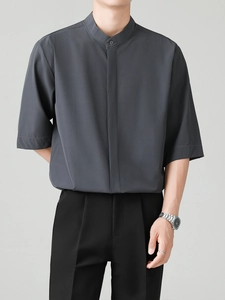 Men's dark gray short sleeve shirt with minimalist mandarin collar and hidden button design