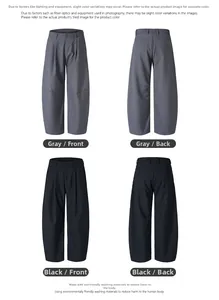 Front and back views of gray and black wide-leg trousers with elegant pleats