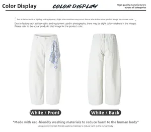 Front and back view of white high-street curved trousers with blue checkered strap detail