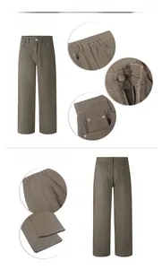 Vista dettagliata fronte e retro di pantaloni dritti in twill kaki con dettagli tasche