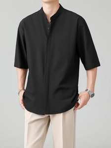 Men's black mandarin collar short sleeve shirt in a sleek semi-open placket design