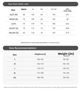 Guide des tailles pour jeans baggy américains avec mesures détaillées du S au 2XL