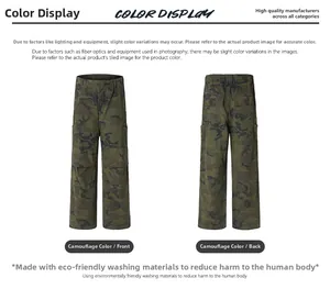 Flat lay showing front and back views of camouflage printed cargo pants in jungle pattern
