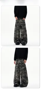 Detail view of American vintage camouflage cargo pants with wide leg and side pockets