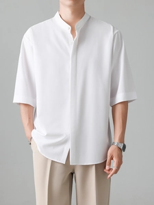Minimalist white stand collar short sleeve shirt for men in casual office style